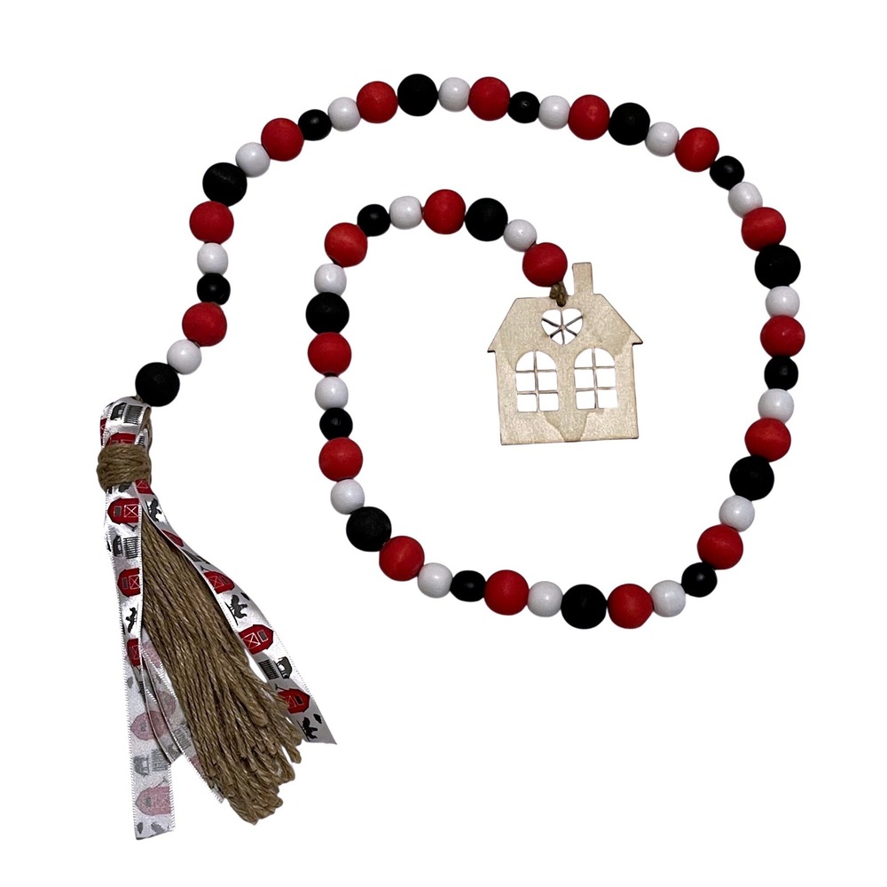 Farmhouse Wood Bead Garland 46" Red Black White House Charm Jute Tassel Decor
